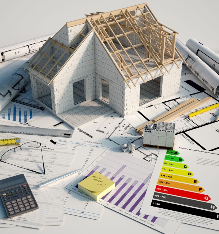 3D renderin of a house under construction on top of blueprints, mortgage forms and a energy efficiency chart